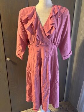Vintage Nina Piccalino Dress 80s Shoulder Pad Pink Ruffle Elastic Waist